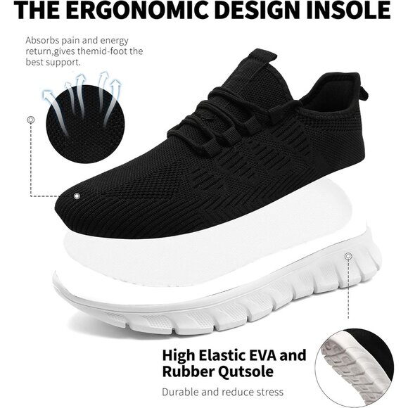 Women Black-White Running Tennis Walking Lightweight Slip On Workout Sneakers - Picture 3 of 7